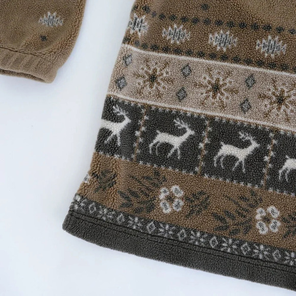 Woolrich Brown And Tan Reindeer Snowflake Fleece Hack Zip Pullover Sweater Large - Picture 5 of 11